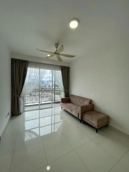 Living features: beige fabric sofa, matching ottoman, 5-blade ceiling fan with light, floor-to-ceiling sliding glass door, sheer curtains, white painted walls, glossy ceramic tile flooring, balcony view; style: modern; view: city.