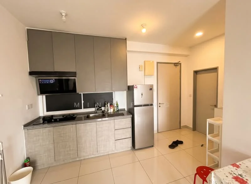 Kitchen features: grey cabinetry, stainless-steel fridge, built-in oven, 4-burner gas hob, black countertop, white tiled backsplash, single-bowl stainless-steel sink, chrome pull-down faucet, recessed downlights, white walls, tile flooring, door to hallway; style: modern.