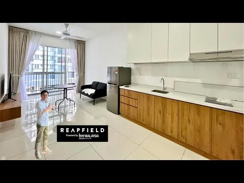 Kitchen features: white cabinets, wooden lower cabinets, marble countertop, stainless-steel sink, chrome pull-down faucet, built-in oven, stainless-steel fridge, 5-blade ceiling fan, floor-to-ceiling windows, sliding glass door, white tiled flooring, dining table for two, black fabric sofa, TV console; style: modern; view: city.