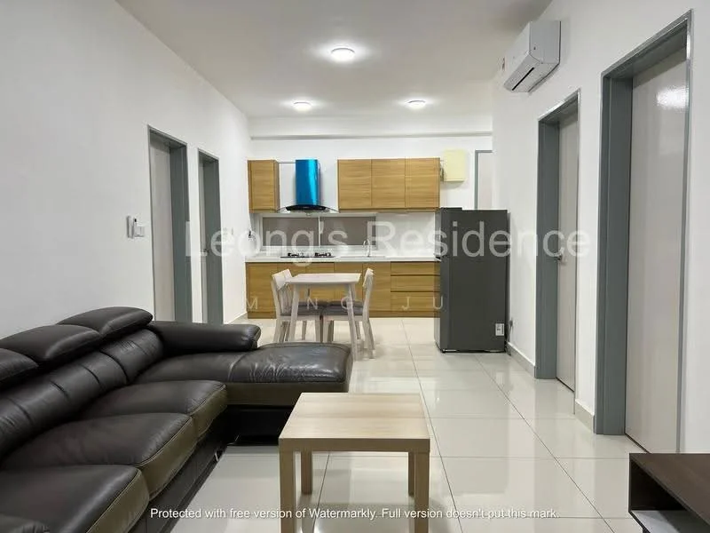Living features: 3-seater leather sofa in dark brown, coffee table, wall-mounted air conditioning unit, recessed downlights, white walls, tile flooring, open layout to kitchen, dining area with table and chairs; style: modern. Kitchen features: wood cabinetry, stainless-steel fridge, built-in oven, 4-burner gas hob, single-bowl stainless-steel sink, white countertops, tile backsplash, open shelving; style: modern.