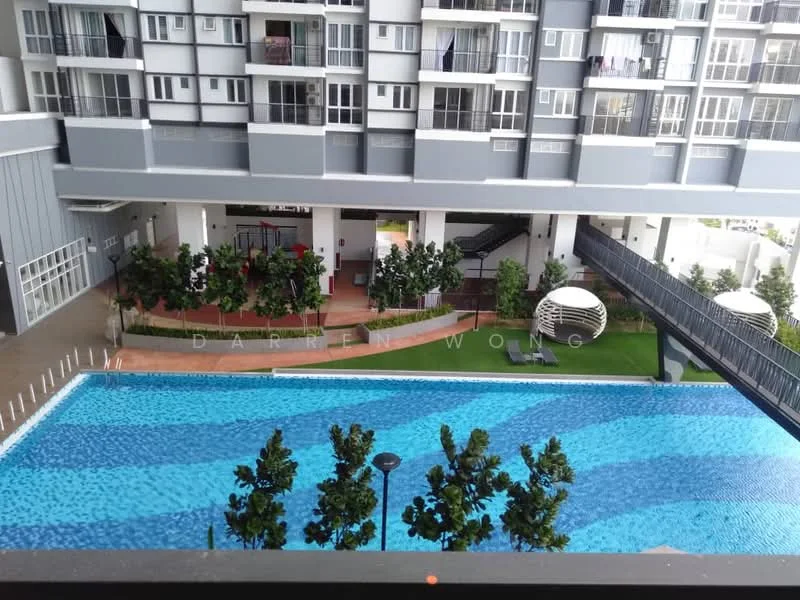Exterior type: high-rise condominium; features: infinity pool, pool deck with loungers, landscaped garden, manicured lawn, mature trees, modern architecture, balconies on upper floors, glass railing, outdoor seating area; style: modern.
