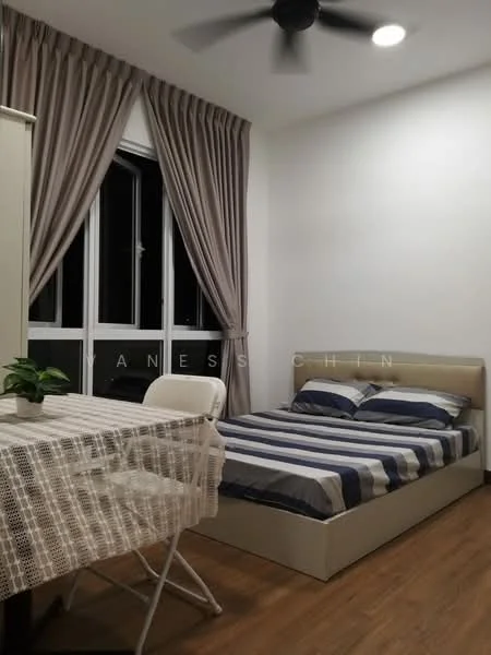 Bedroom features: queen-size bed with striped bedding, upholstered headboard, wooden flooring, floor-to-ceiling windows, sheer curtains, 5-blade ceiling fan, table with lace tablecloth, foldable chair, decorative plant on table, white painted walls, recessed downlights; style: modern; view: city.