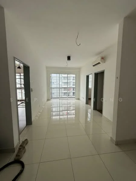 Room features: white painted walls, glossy white tile flooring, ceiling with exposed wiring, 1 wall-mounted split AC, floor-to-ceiling windows, sliding glass door, natural light from windows, neutral color scheme; style: modern; view: city.