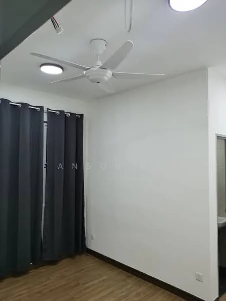 Room features: white painted walls, wooden flooring, 5-blade ceiling fan with light, blackout curtains, recessed LED downlights.