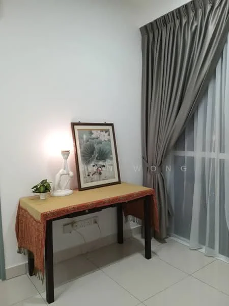Room features: white painted walls, light grey curtains, table with decorative cloth, framed artwork, table lamp, small potted plant, glossy tile flooring; style: modern.