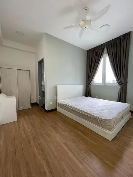 Bedroom features: queen-size bed, wooden flooring, white painted walls, ceiling fan, floor-to-ceiling window, curtains, built-in wardrobe, nightstand; style: modern.