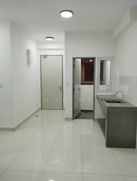 Kitchen features: white painted walls, glossy ceramic tile flooring, grey granite countertop, single-bowl stainless-steel sink, chrome pull-down faucet, recessed downlights, floor-to-ceiling cabinet, open layout, doorway to adjacent room; style: modern. Room features: white painted walls, glossy ceramic tile flooring, doorway to kitchen, doorway to bathroom, recessed downlights.