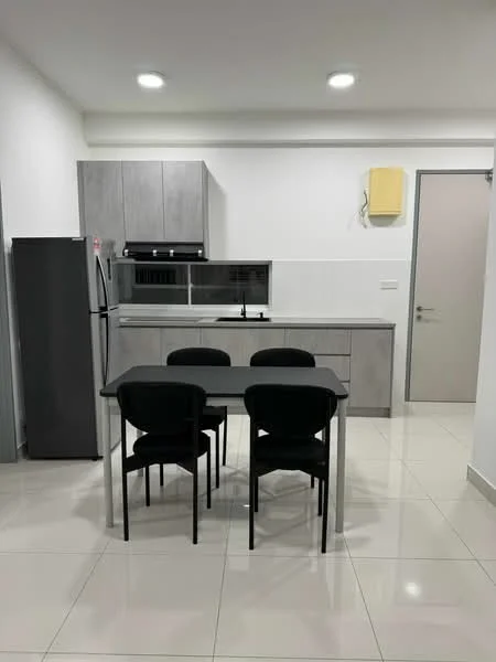 Kitchen features: grey cabinetry, white tiled backsplash, black single-bowl stainless-steel sink, chrome pull-down faucet, stainless-steel fridge, built-in oven, 4-burner gas hob, white walls, polished ceramic tile flooring, dining table with 4 black chairs, recessed downlights; style: modern.