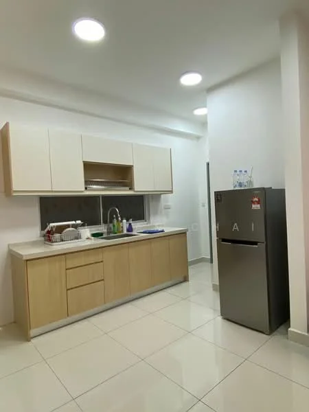 Kitchen features: white cabinets with wood accents, stainless-steel fridge, single-bowl stainless-steel sink, chrome pull-down faucet, white countertop, ceramic tile flooring, recessed LED downlights, window above sink, built-in cabinetry, dish rack, kitchen utensils on countertop; style: modern.