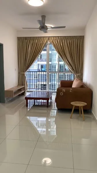 Living features: cream painted walls, glossy ceramic tile flooring, 5-blade ceiling fan with light, floor-to-ceiling windows, sheer curtains, brown fabric sofa, wooden coffee table, small round side table, TV console, decorative wall shelf; style: modern; view: city.