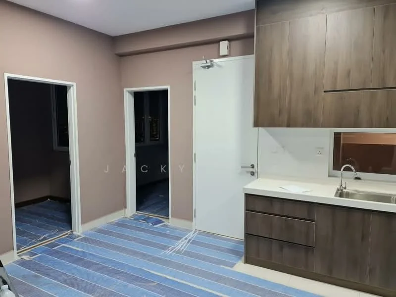 Kitchen features: brown wooden cabinetry, white countertop, single-bowl stainless-steel sink, chrome pull-down faucet, tile backsplash, recessed downlights, laminate flooring, open layout to adjacent rooms; style: modern. Room features: two doorways leading to other rooms, painted walls in light brown, flooring covered with blue protective sheeting.