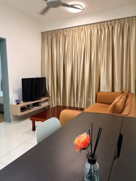 Living features: 3-seater fabric sofa in brown, wooden coffee table, TV console, wall-mounted TV, floor-to-ceiling curtains in beige, ceiling fan, recessed ceiling light, white tiled flooring; style: modern. Dining features: dining table with dark wood finish, upholstered dining chairs, decorative vase with flower, black decorative sticks, white ceramic plate, glass bottle, light-colored wall, open space layout; style: modern.