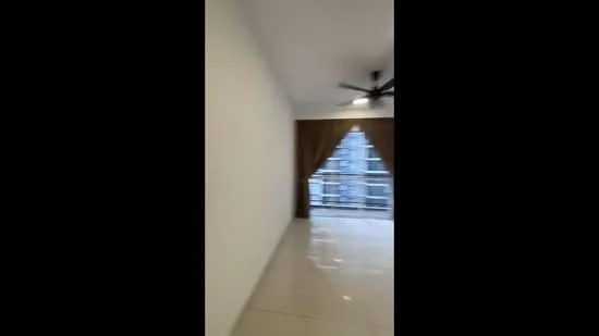 Living features: white painted walls, glossy tile flooring, 5-blade ceiling fan with light, floor-to-ceiling windows, curtains, balcony access; style: modern; view: city.