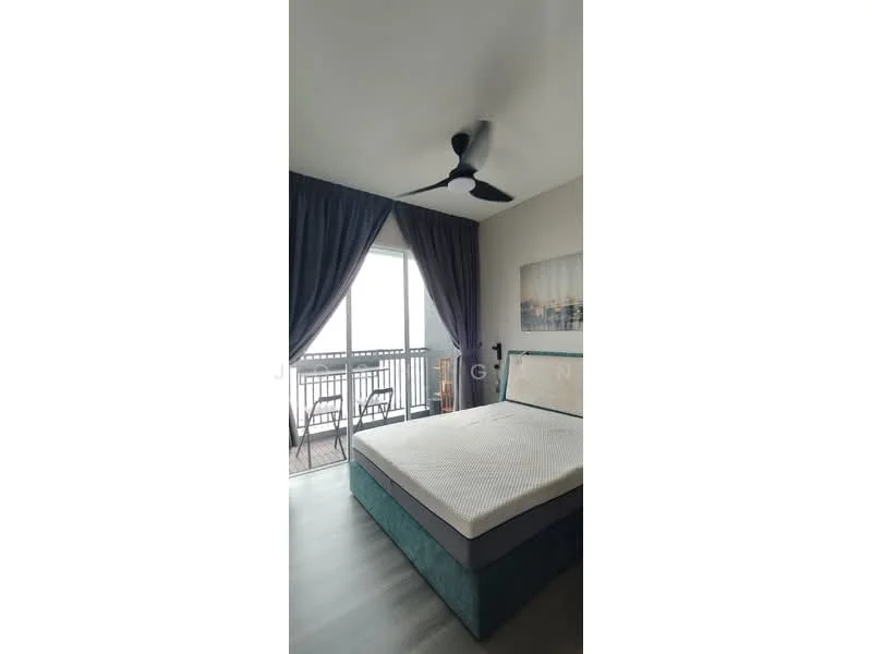 Bedroom features: queen-size bed base, ceiling fan, floor-to-ceiling windows, sliding glass door, sheer curtains, dark blue curtains, wooden flooring, decorative wall art; style: modern; view: city.