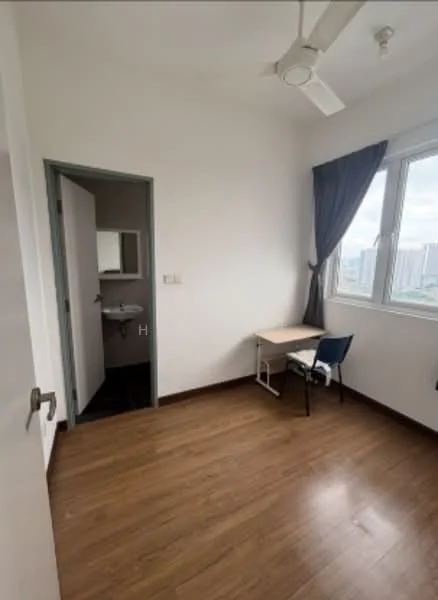 Bedroom features: wooden flooring, white painted walls, ceiling fan, floor-to-ceiling window, curtains, study desk, chair, door leading to bathroom; style: modern; view: city.
