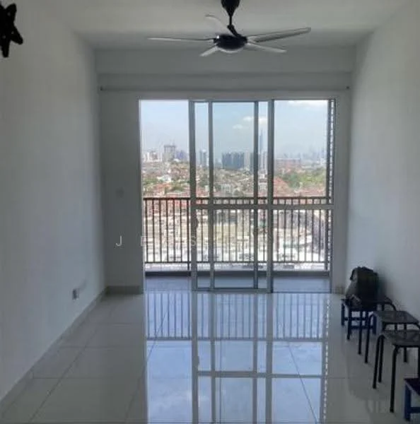 Living features: white painted walls, glossy tile flooring, 5-blade ceiling fan, floor-to-ceiling sliding glass door, city skyline view, balcony access, natural light from large windows, minimalist decor; style: modern; view: city.