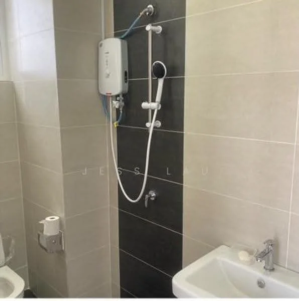 Bathroom features: shower with handheld showerhead, wall-mounted water heater, white ceramic sink, chrome basin mixer faucet, toilet paper holder, grey tile walls, light beige tile flooring, glass shower enclosure; style: modern.