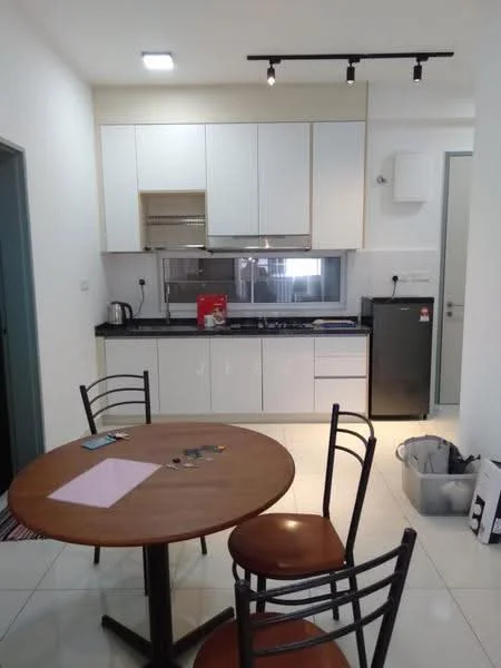 Kitchen features: white cabinetry, black granite countertop, stainless-steel sink, chrome pull-down faucet, built-in oven, 4-burner gas hob, stainless-steel range hood, refrigerator, tile flooring, track lighting, window above sink, open shelving, dining table, 3 wooden chairs; style: modern.