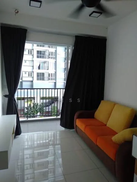 Living features: brown fabric sofa with orange cushions, white wall, black curtains, floor-to-ceiling windows, glossy white tile flooring, ceiling fan, balcony view, decorative wall shelf; style: modern; view: city.