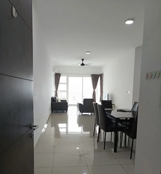 Living features: white painted walls, glossy ceramic tile flooring, 5-blade ceiling fan with light, floor-to-ceiling windows, sheer curtains, sofa in dark color, dining table with black chairs, TV console, wall-mounted TV, decorative wall art; style: modern; view: city.