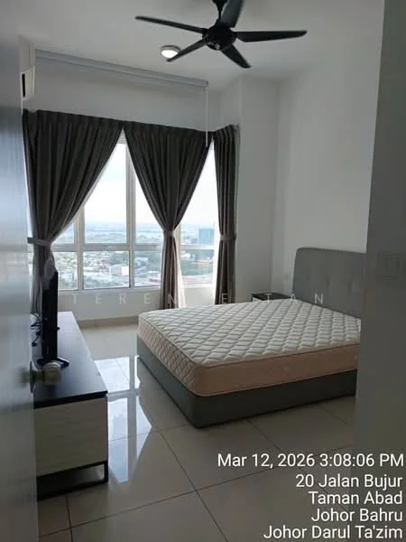 Bedroom features: floor-to-ceiling windows, grey upholstered bed base, queen-size bed, white walls, cream curtains, ceiling fan, TV console, flat-screen TV, tile flooring, decorative wall paneling; style: modern; view: city.
