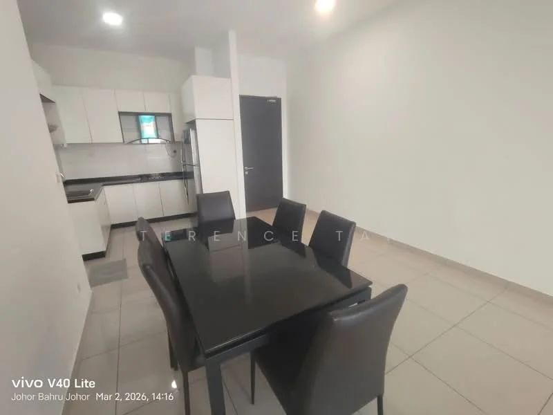Dining features: black dining table, 4 black dining chairs, white painted walls, tile flooring, kitchen area visible, built-in kitchen cabinets, stainless-steel sink, single-bowl stainless-steel sink, black countertop, window above sink, refrigerator visible, oven visible; style: modern.