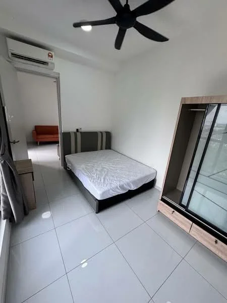 Bedroom features: queen-size bed, white mattress, grey upholstered headboard, 2-door wardrobe with glass front, wall-mounted air conditioning unit, 5-blade ceiling fan, white painted walls, glossy tile flooring, curtains, orange sofa, natural light from window; style: modern; view: city.