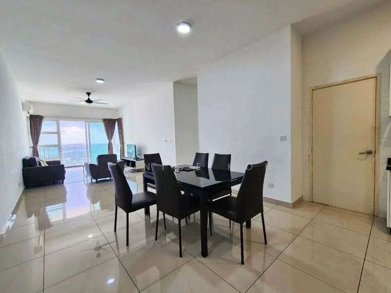 Dining features: 6-seater dining table, black dining chairs, white walls, tile flooring, recessed downlights, floor-to-ceiling windows, curtains, ceiling fan; style: modern; view: city. Living features: 3-seater fabric sofa in dark grey, coffee table, TV console, wall-mounted TV; style: modern; view: city.