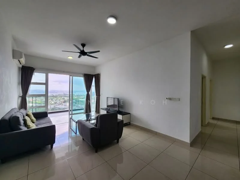 Living features: 3-seater fabric sofa in grey, coffee table, wall-mounted TV, floor-to-ceiling windows, curtains, ceiling fan, recessed downlights, glossy tile flooring, white painted walls; style: modern; view: city.
