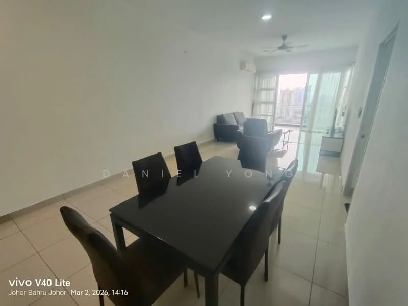 Dining features: black dining table, 4 dining chairs, white painted walls, tile flooring, ceiling fan, floor-to-ceiling windows, view of city skyline, sofa in living area, natural light from windows; style: modern; view: city.