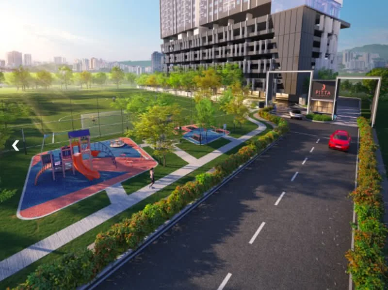 Exterior type: high-rise condominium; features: playground with slides and climbing structures, open green space, sports field, manicured landscaping, paved walkway, driveway, parking area, modern building facade, entrance with signage, surrounding trees; style: modern.