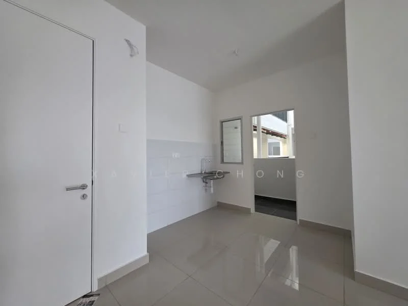 Room features: white painted walls, glossy ceramic tile flooring, single-bowl stainless-steel sink, mirror above sink, door leading to outdoor area, window providing natural light, light fixture on ceiling; style: modern.