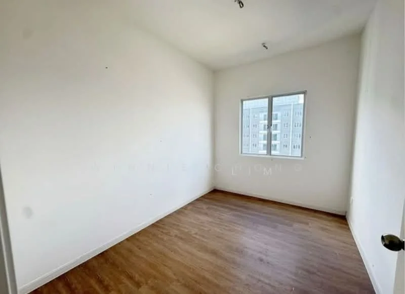 Room features: white painted walls, laminate flooring, single window, natural light, no visible furniture, plain ceiling, light fixtures, neutral color scheme.