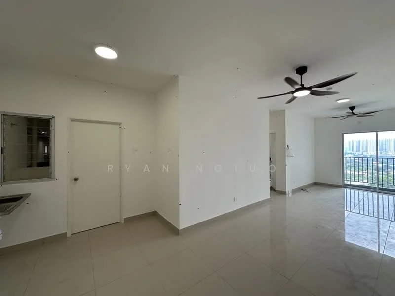 Living features: white painted walls, tile flooring, 2 ceiling fans, floor-to-ceiling windows, balcony access, natural light, neutral color scheme, open layout; style: modern; view: city. Kitchen features: single-bowl stainless-steel sink, cabinetry, countertop, kitchenette area, window, tile backsplash; style: modern.