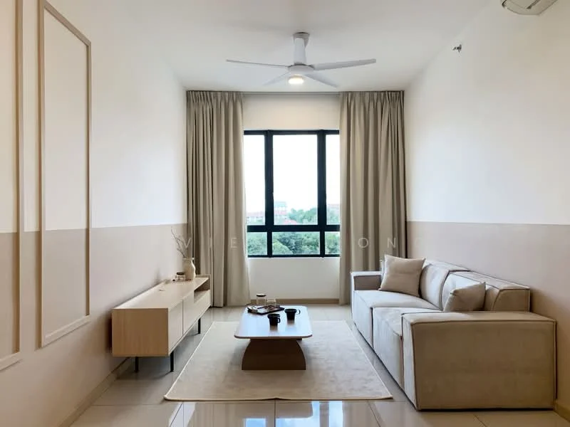 Living features: 5-blade ceiling fan with light, floor-to-ceiling windows, sheer curtains, cream painted walls, beige accent wall, light-colored sofa, wooden coffee table, area rug, TV console, decorative items on console, polished tile flooring; style: modern; view: garden.