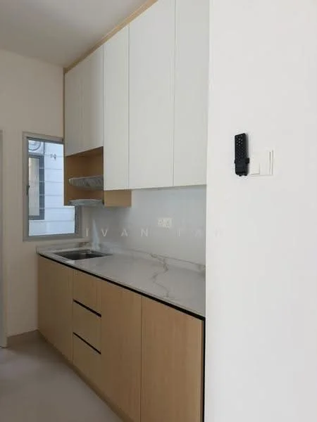 Kitchen features: white upper cabinets, wood lower cabinets, marble countertop, single-bowl stainless-steel sink, chrome pull-down faucet, wall-mounted shelving, window with view to exterior, light-colored flooring; style: modern.