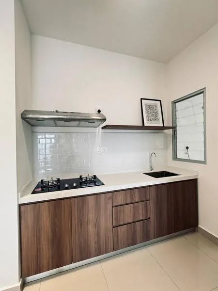 Kitchen features: white painted walls, light-colored tile flooring, laminate cabinetry in dark wood finish, white quartz countertop, stainless-steel range hood, built-in gas hob with two burners, single-bowl stainless-steel sink, window with horizontal slats, open shelving above countertop, framed artwork on wall; style: modern.