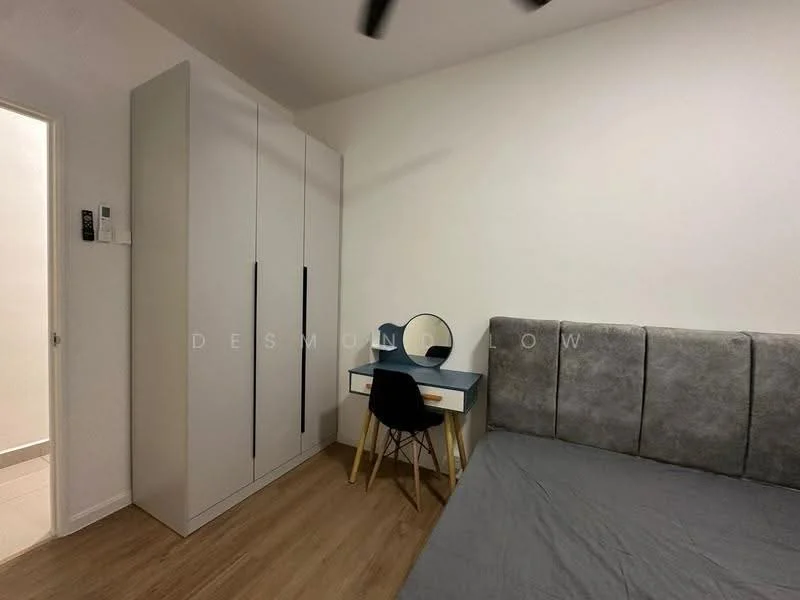 Bedroom features: grey upholstered bed, wooden flooring, white painted walls, built-in wardrobe with sliding doors, study desk with blue top, black chair, decorative mirror, ceiling fan; style: modern.
