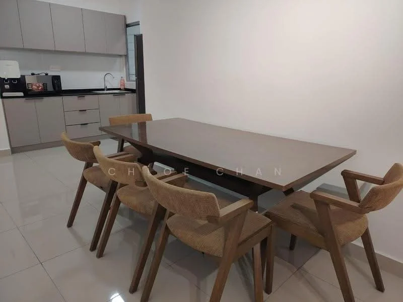 Dining features: rectangular dining table, 5 wooden dining chairs, grey laminate tabletop, light wood chair frames, white painted walls, glossy tile flooring, kitchen cabinetry in grey, built-in kitchen appliances visible, sink with faucet in kitchen area; style: modern.