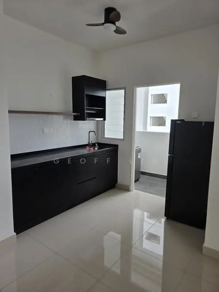 Kitchen features: black cabinetry, white tiled backsplash, single-bowl stainless-steel sink, chrome pull-down faucet, built-in refrigerator, countertop with overhang, open shelving, floor-to-ceiling window, ceiling fan, white walls, glossy tile flooring; style: modern.