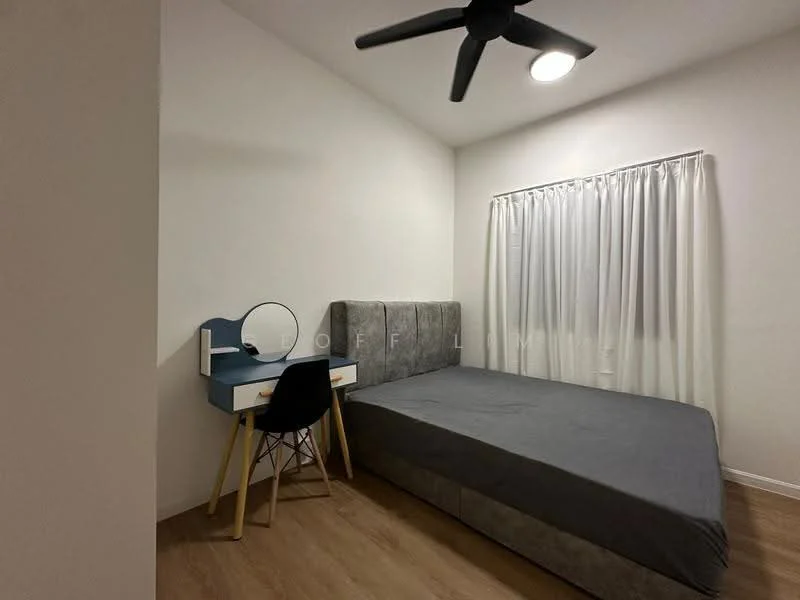 Bedroom features: queen-size bed with grey upholstered headboard, wooden flooring, 5-blade ceiling fan with light, white walls, curtains, desk with blue finish, black chair, decorative mirror on desk; style: modern.