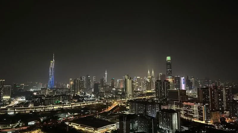 Exterior features: city skyline at night, illuminated skyscrapers, high-rise buildings, urban landscape, highway with traffic, distant landmarks, night lighting; style: modern.
