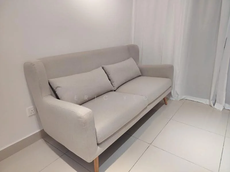 Living features: light grey fabric sofa, wooden legs, two cushions, white walls, cream tiled flooring, floor-to-ceiling curtains, natural light from window; style: modern.