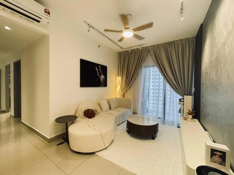 Living features: 3-seater fabric sofa in cream, round coffee table, area rug, floor-to-ceiling windows, sheer curtains, 5-blade ceiling fan with light, wall-mounted TV, decorative wall with textured finish, light fixtures, wall sconce, air conditioning unit; style: modern; view: city.