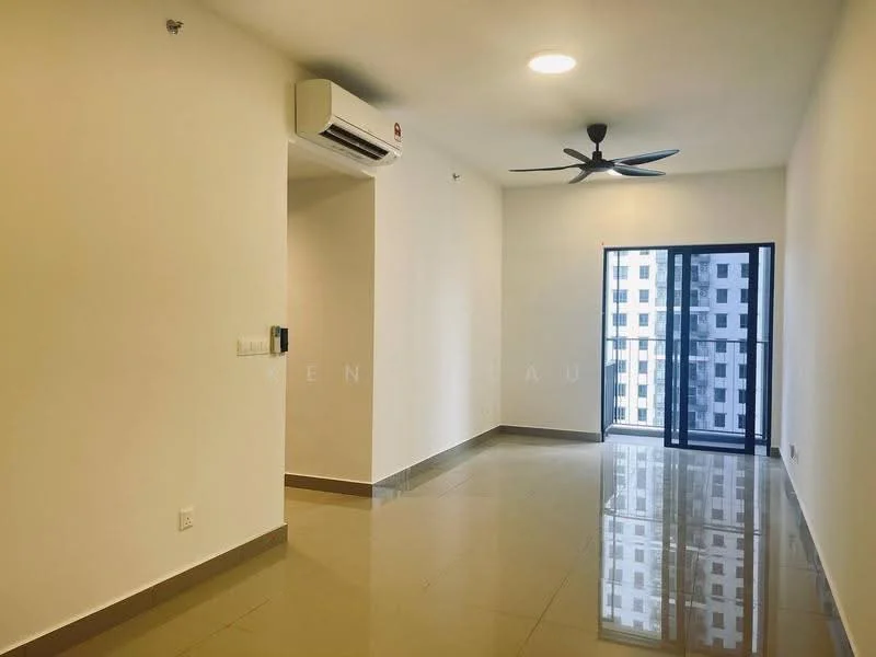 Living features: white painted walls, polished ceramic tile flooring, 5-blade ceiling fan with light, 1 wall-mounted split AC, floor-to-ceiling sliding glass door, balcony access, recessed downlights, neutral color scheme; style: modern; view: city.