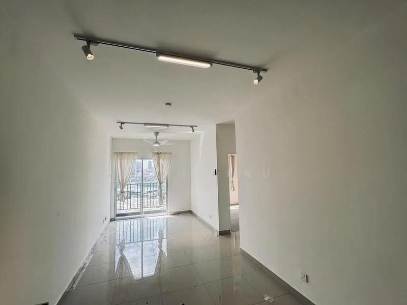 Living features: white painted walls, polished ceramic tile flooring, recessed LED downlights, 5-blade ceiling fan, floor-to-ceiling sliding glass door, sheer curtains, balcony access, city view; style: modern; view: city.