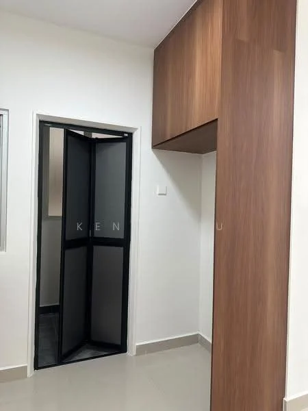 Room features: white painted walls, light grey floor tiles, wooden cabinetry, black framed door, glass door, corner shelving, recessed lighting, neutral color scheme; style: modern.