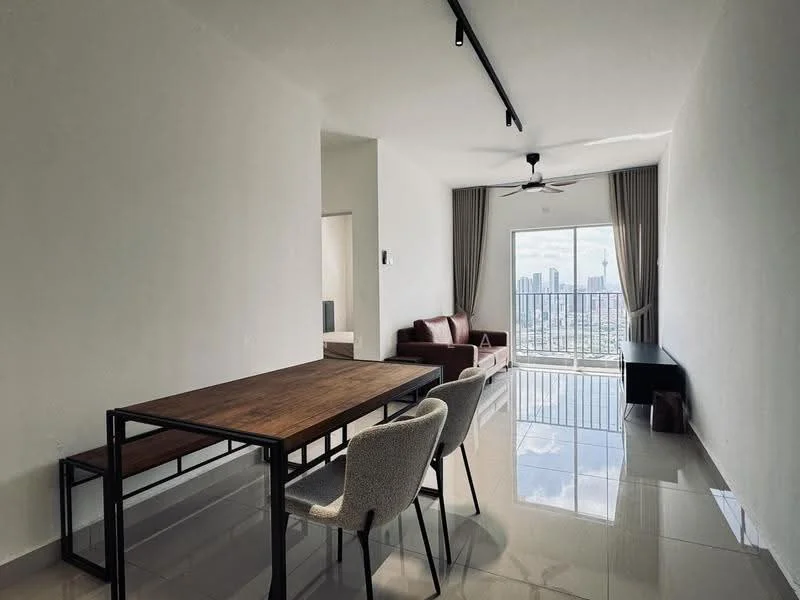 Dining features: dining table with wooden top, 4 upholstered dining chairs, floor-to-ceiling windows, city view, white painted walls, polished tile flooring, ceiling fan, recessed downlights, curtains, sofa in background, coffee table in background; style: modern; view: city.
