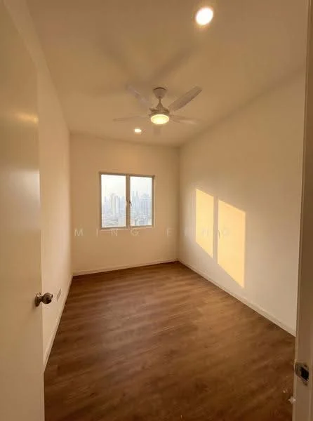 Bedroom features: light wood laminate flooring, white painted walls, 5-blade ceiling fan with light, floor-to-ceiling window, city view, natural light from window, window treatments not visible; style: modern; view: city.