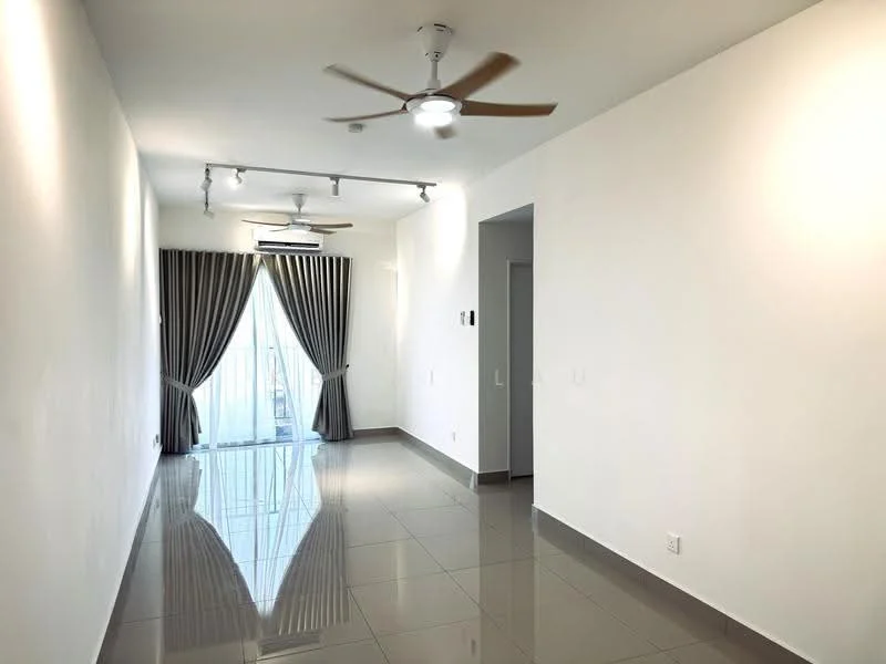 Living features: white painted walls, glossy grey tile flooring, 5-blade ceiling fan with light, 2-blade ceiling fan, floor-to-ceiling windows, sheer curtains, sliding glass door, recessed downlights; style: modern.